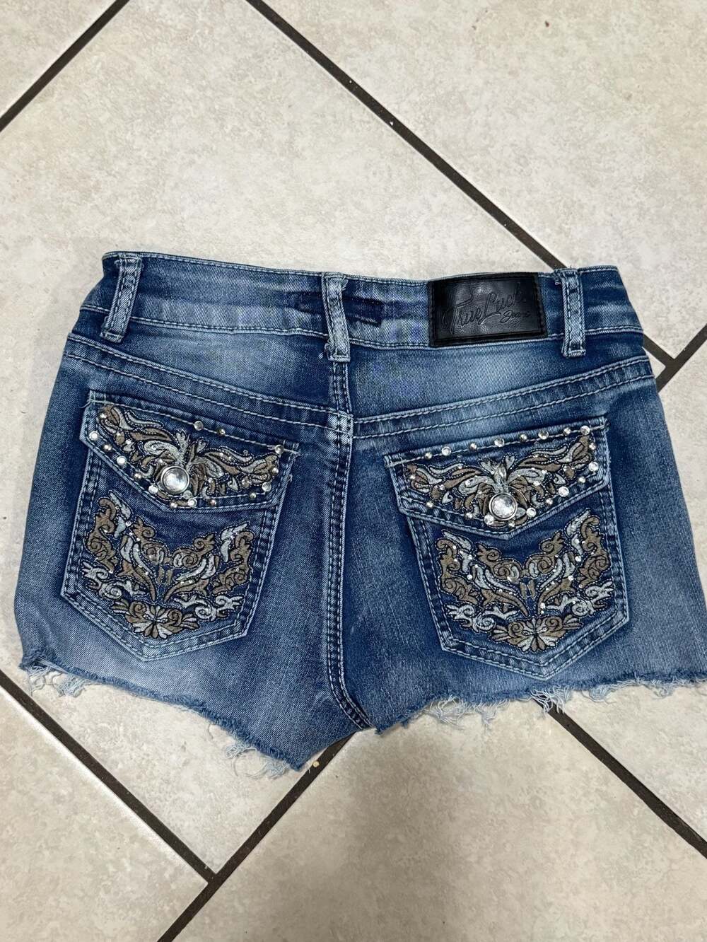True Luck Western Embellished Rhinestone Frayed Hem Denim Shorts